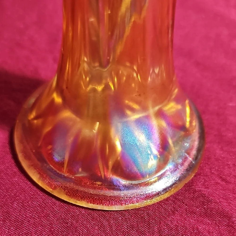 Vintage Marigold Carnival Glass Swung Bud Vase Iridescent Morning Glory
